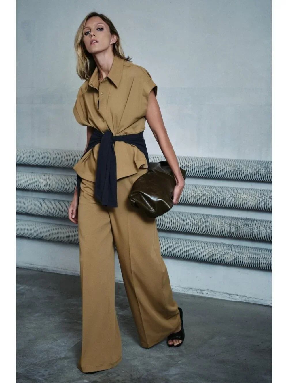 Zara Womens Oversized Trousers Pants XS Camel High-Waisted Pleated 8175/123 NWT